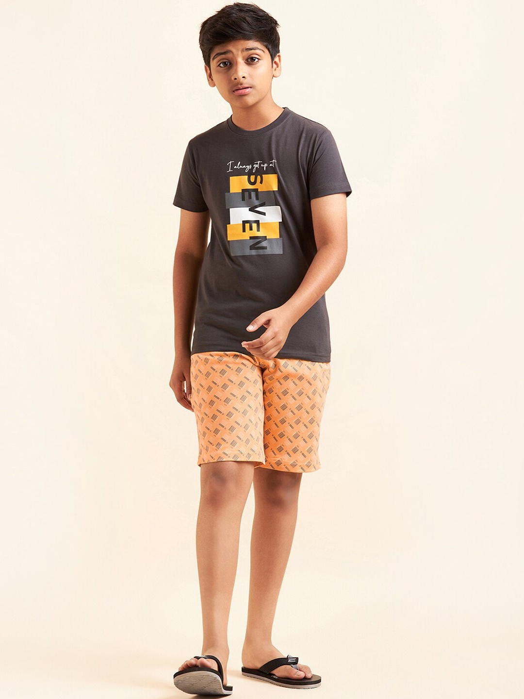 

Sweet Dreams Boys Grey & Orange Typography Printed Night Suit