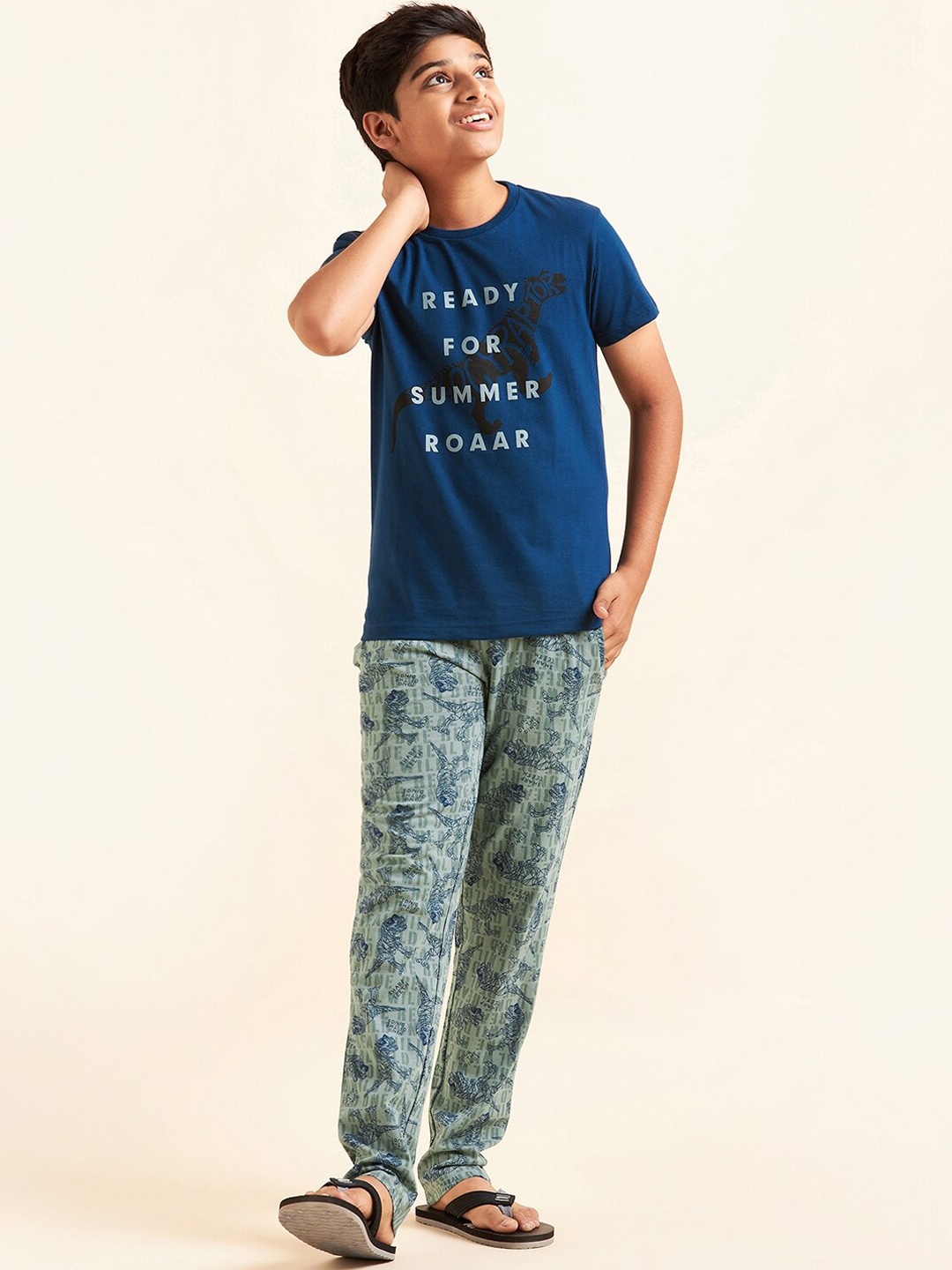 

Sweet Dreams Boys Navy Blue & Green Typography Printed Pure Cotton Night Suit