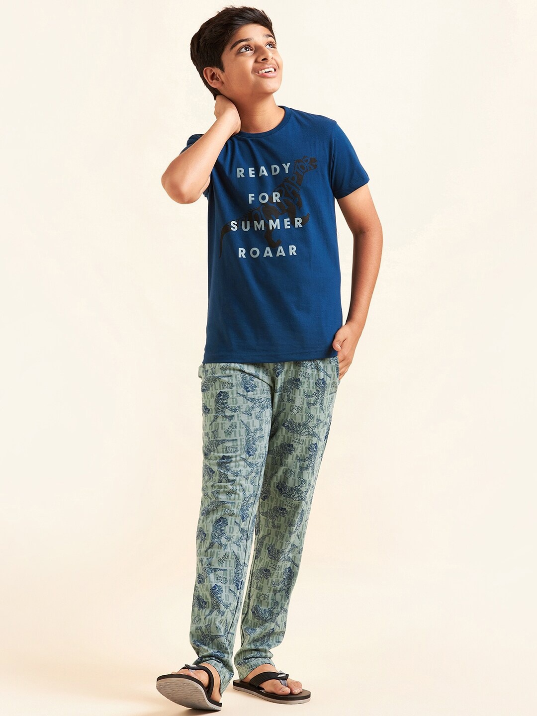 

Sweet Dreams Boys Navy Blue & Green Typography Printed Pure Cotton Night Suit