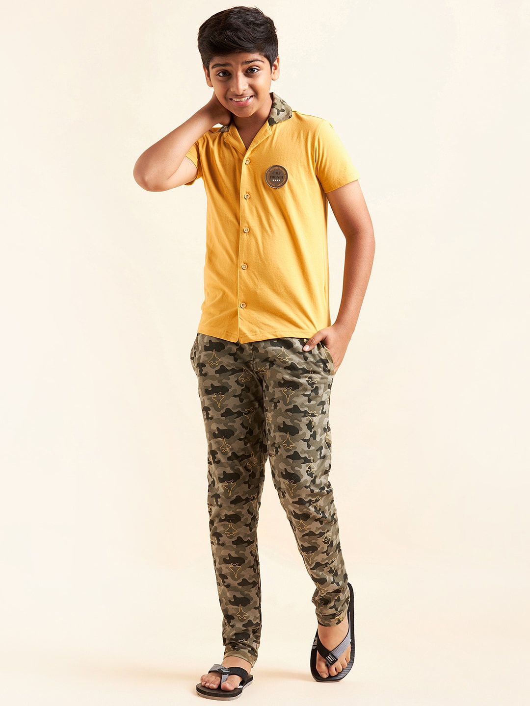 

Sweet Dreams Boys Mustard & Green Camouflage Printed Pure Cotton Night Suit
