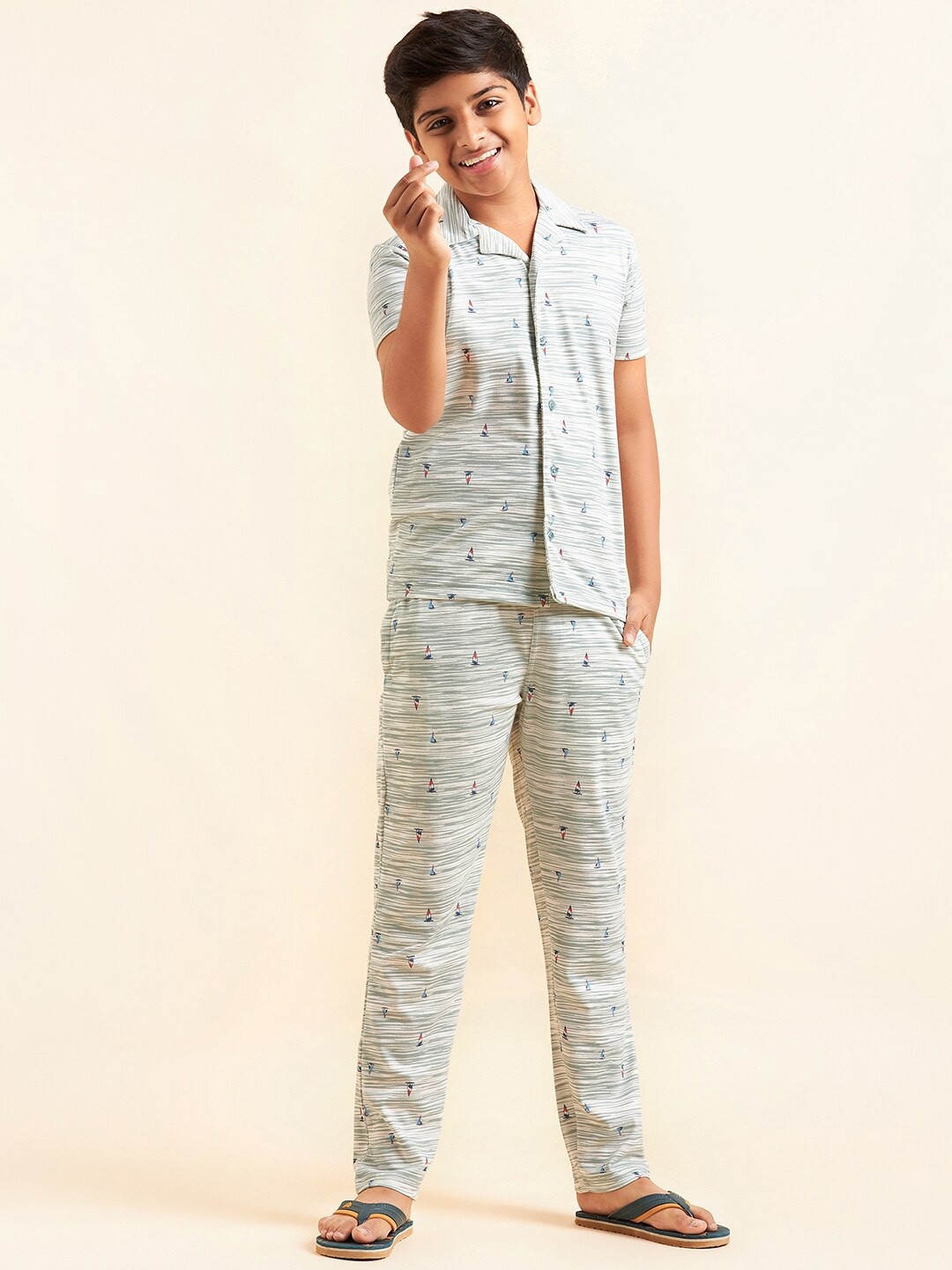 

Sweet Dreams Boys Green & White Striped Night suit
