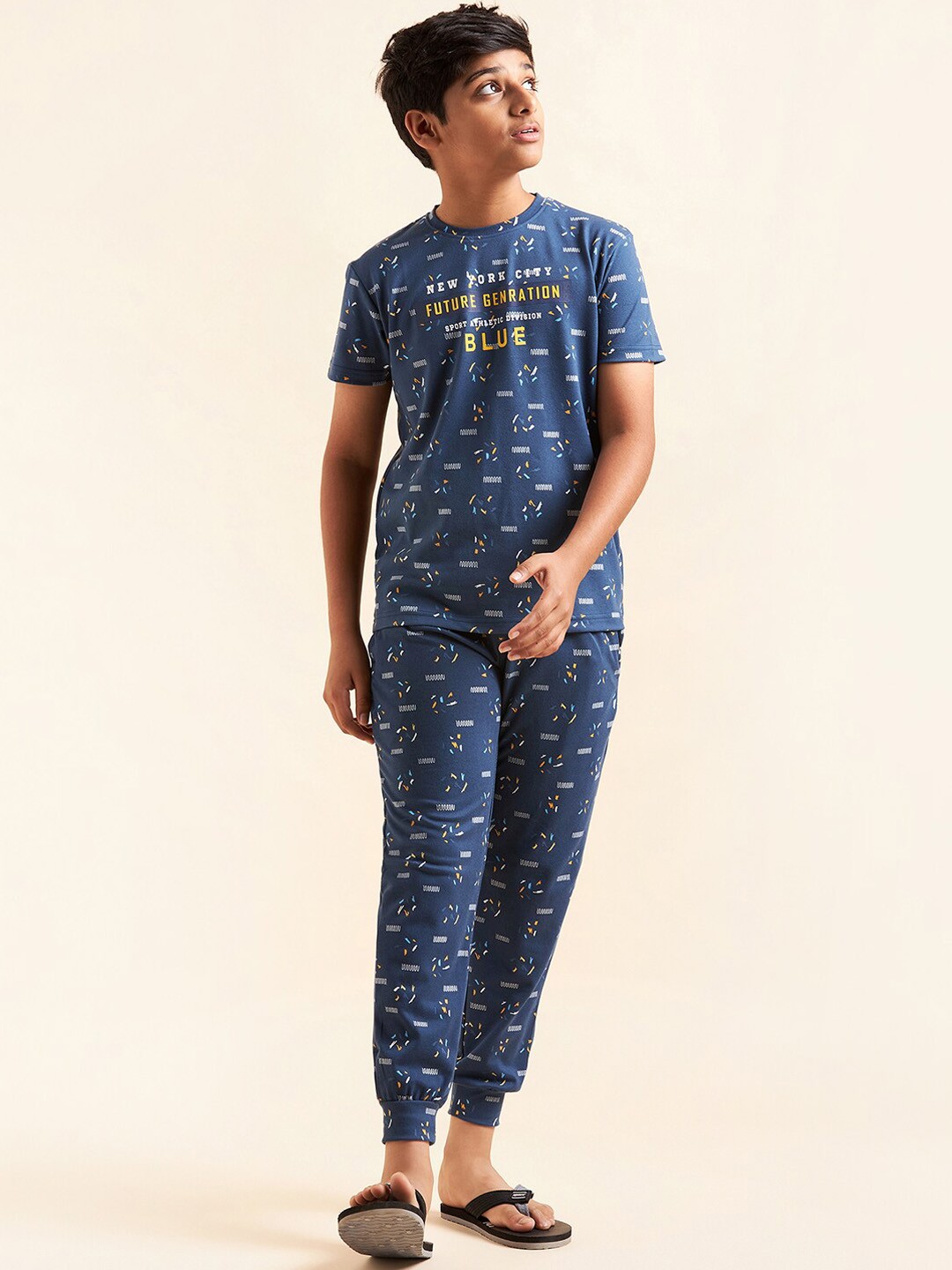 

Sweet Dreams Boys Navy Blue & White Conversational Printed Night Suit