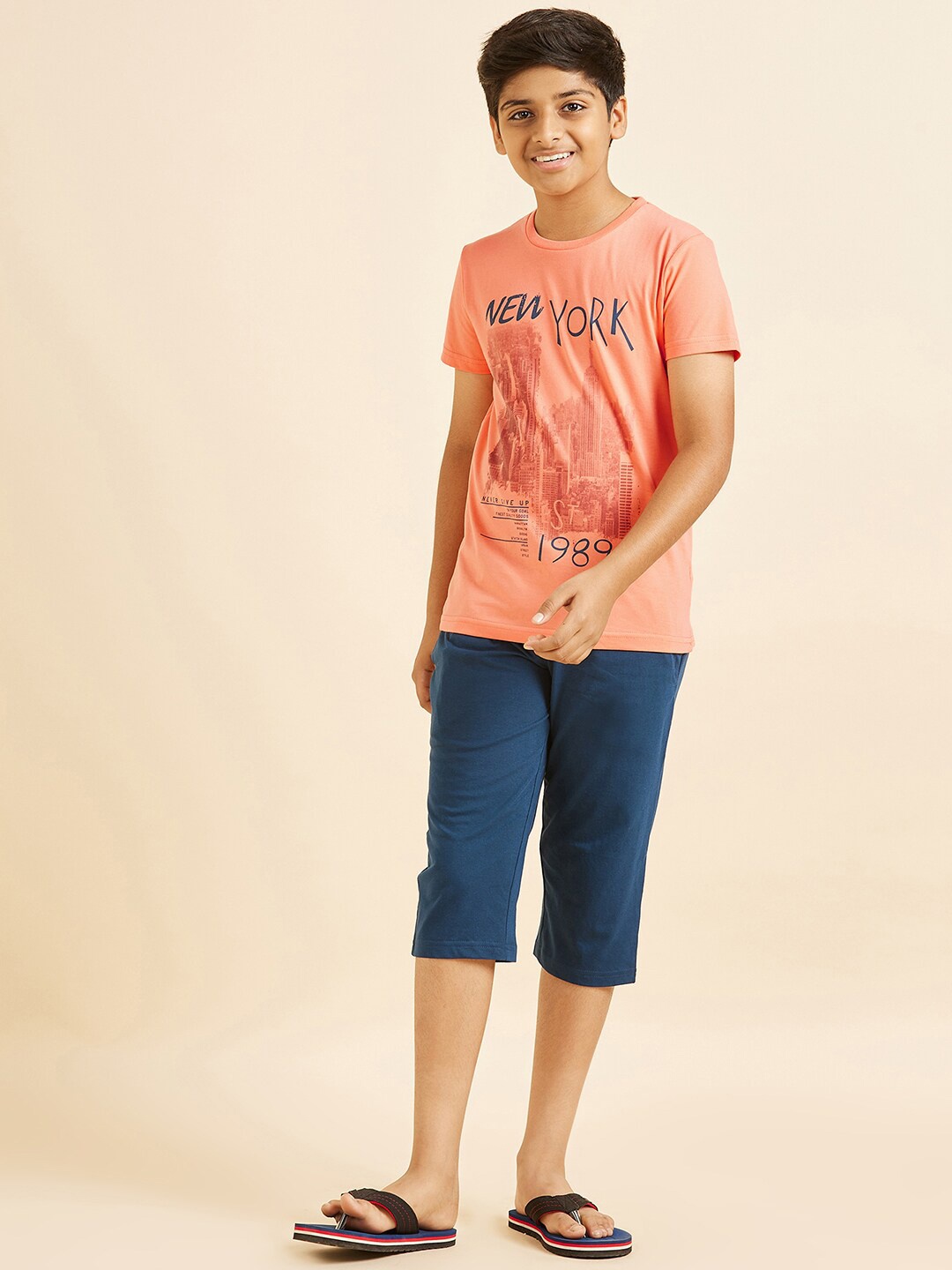 

Sweet Dreams Boys Peach-Coloured & Navy Blue Printed Night suit