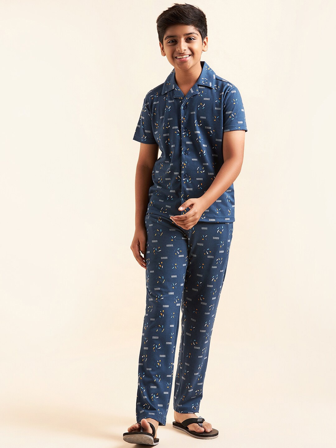

Sweet Dreams Boys Navy Blue & White Conversational Printed Night Suit