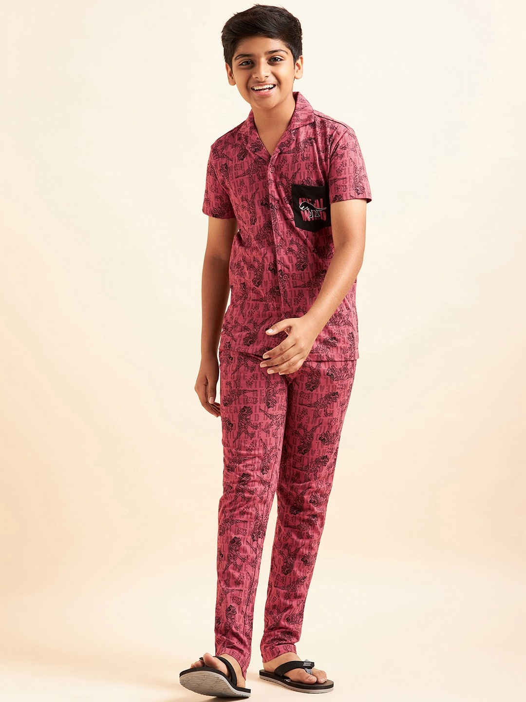 

Sweet Dreams Boys Graphic Printed Pure Cotton Night Suit, Pink