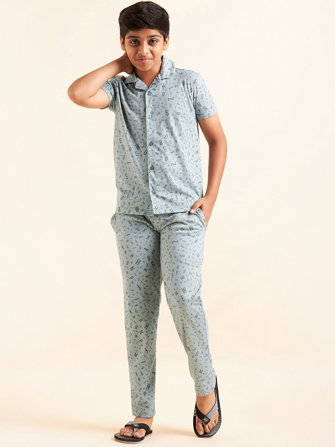 

Sweet Dreams Boys Green & Grey Typography Printed Night Suit