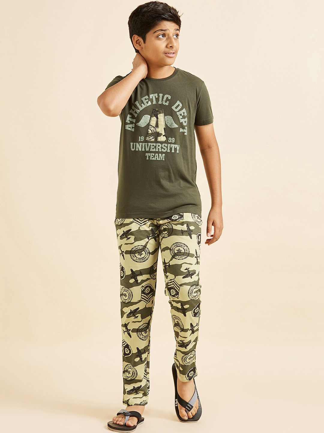 

Sweet Dreams Boys Olive Green Typography Printed Pure Cotton Night Suit