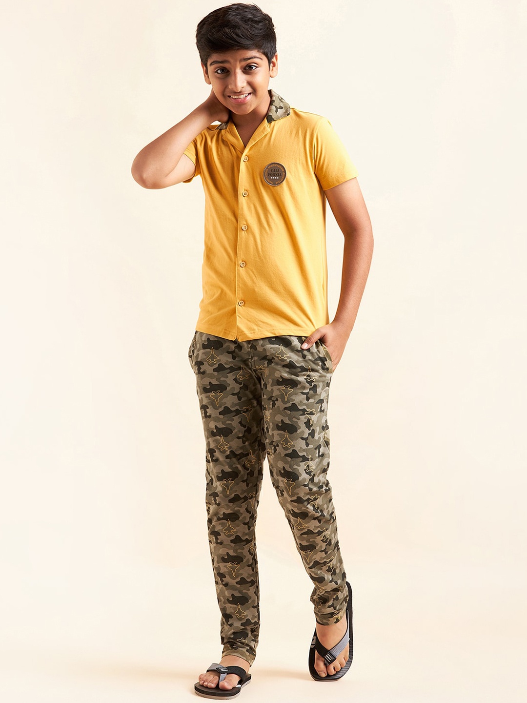 

Sweet Dreams Boys Mustard & Green Camouflage Printed Pure Cotton Night Suit