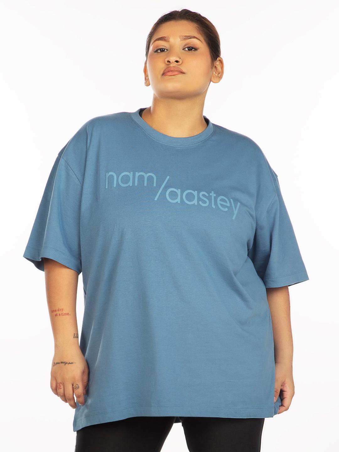 aastey Typography Printed Drop Shoulder Pure Cotton Oversize T-shirt, Blue