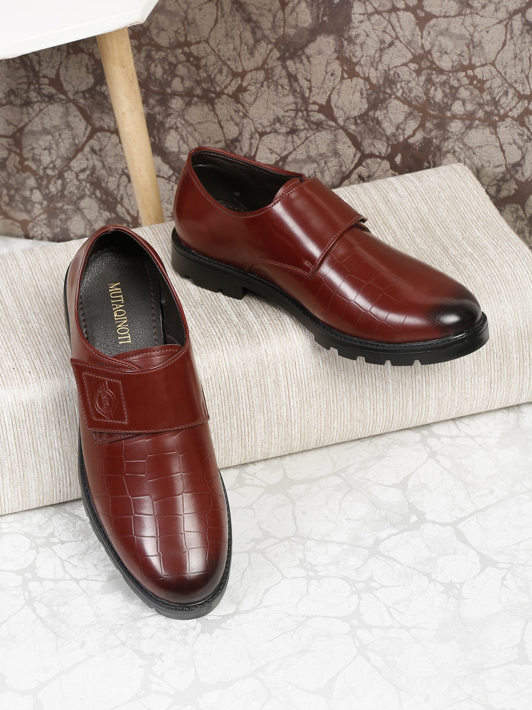 

MUTAQINOTI Men Textured Vegan Leather Formal Monk Shoes, Red