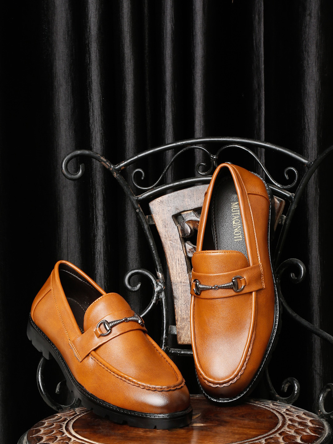 

MUTAQINOTI Men Textured Leather Formal Loafers, Tan
