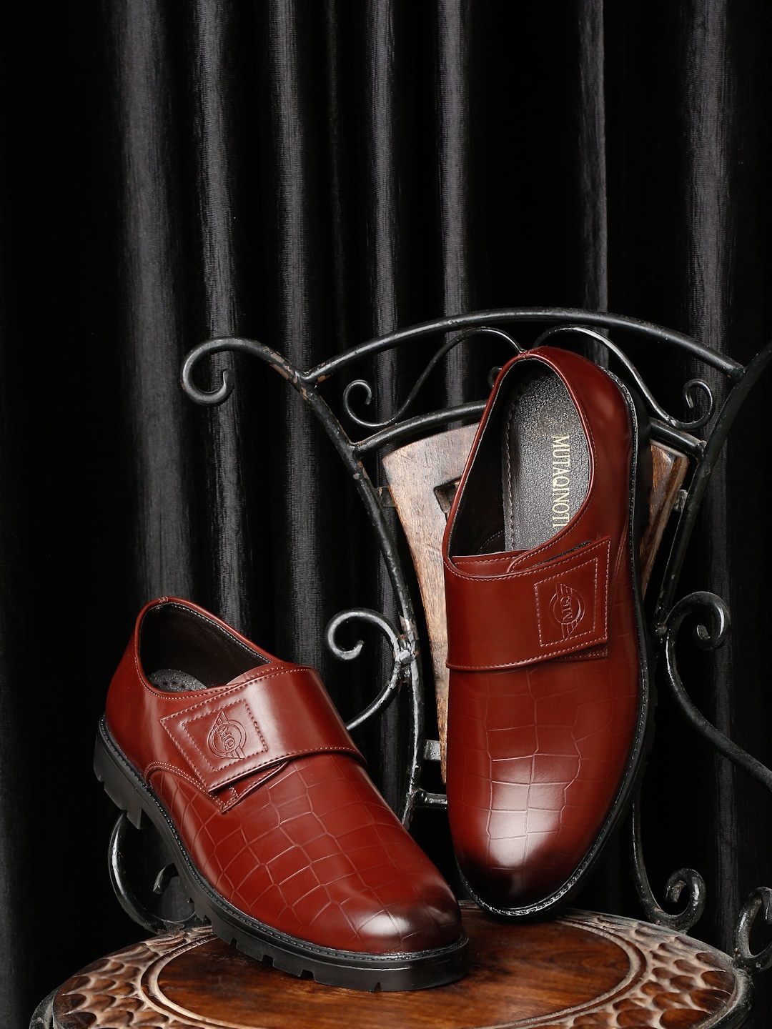 

MUTAQINOTI Men Textured Leather Formal Monk Shoes, Red