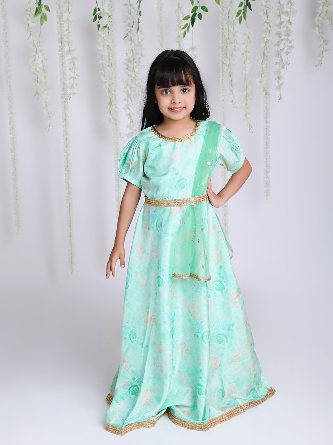 

KID1 Girls Floral Printed Silk Fit & Flare Maxi Ethnic Dress With Dupatta & Belt, Sea green