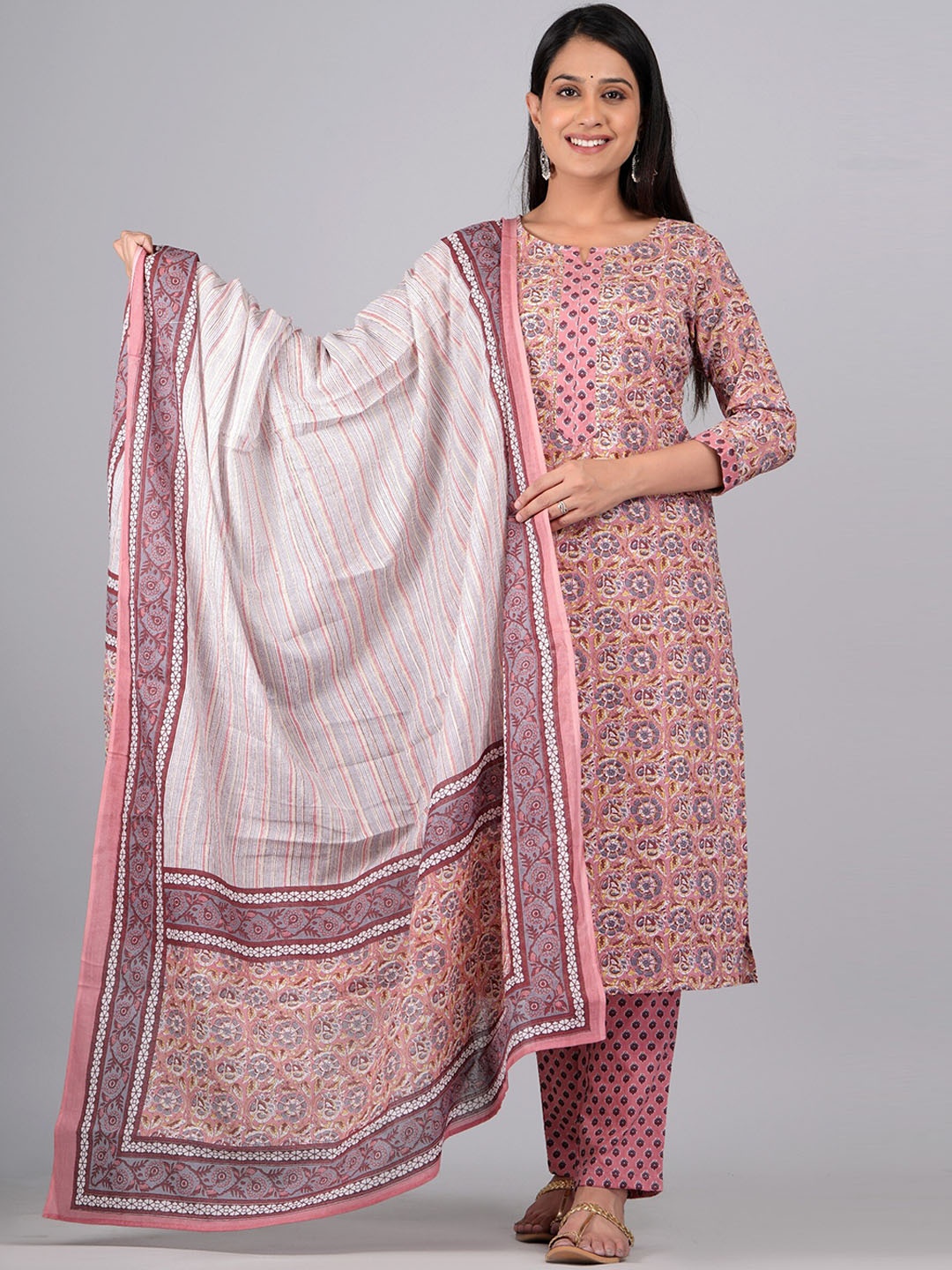 

KALINI Floral Printed Gotta Patti Pure Cotton Kurta with Trousers & With Dupatta, Pink