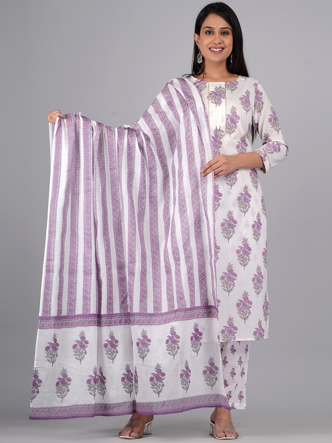 

KALINI Floral Printed Gotta Patti Pure Cotton Kurta with Trousers & Dupatta, White