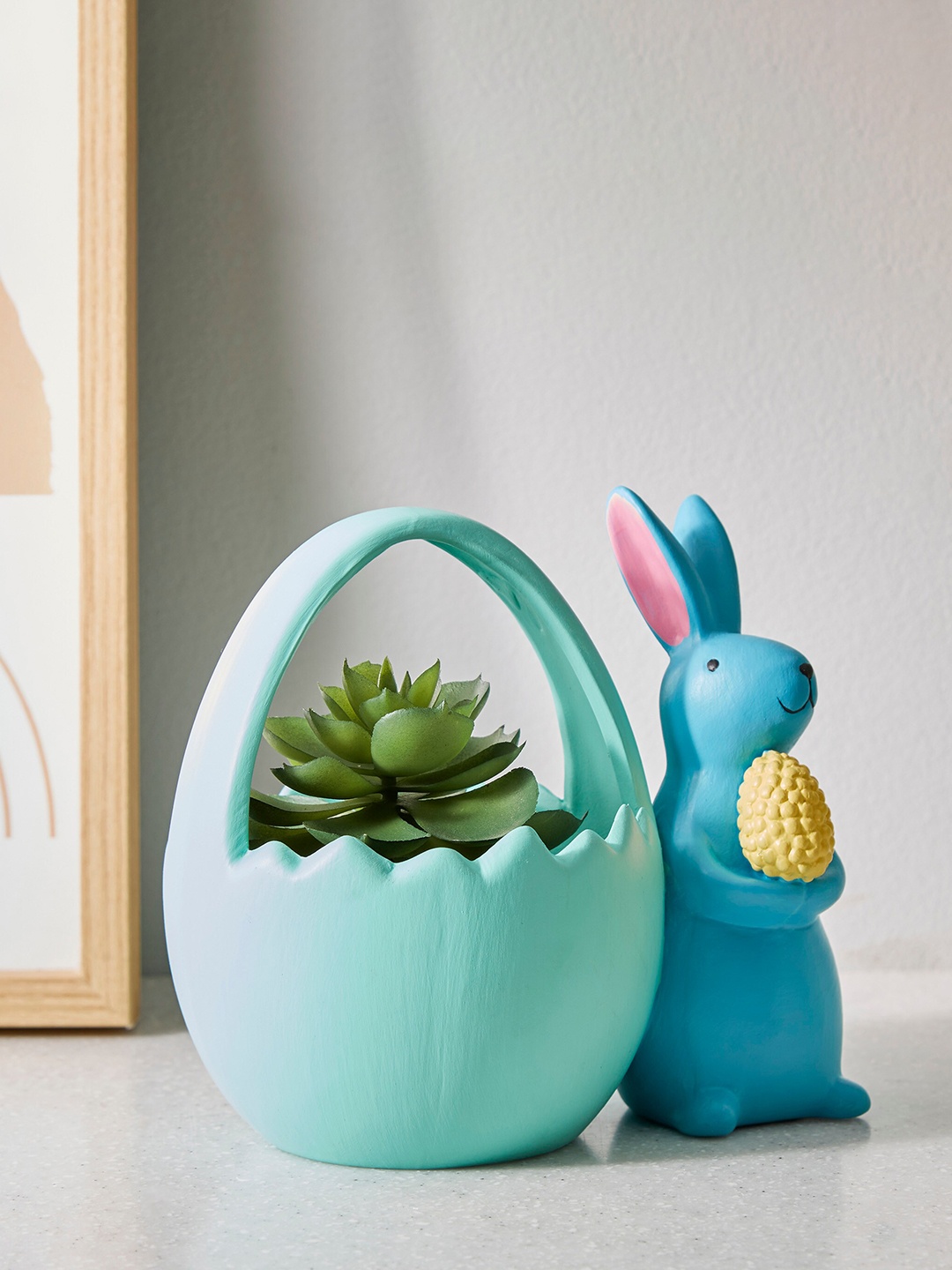 Home Centre Corsica Blue Ceramic Bunny With Basket Planter