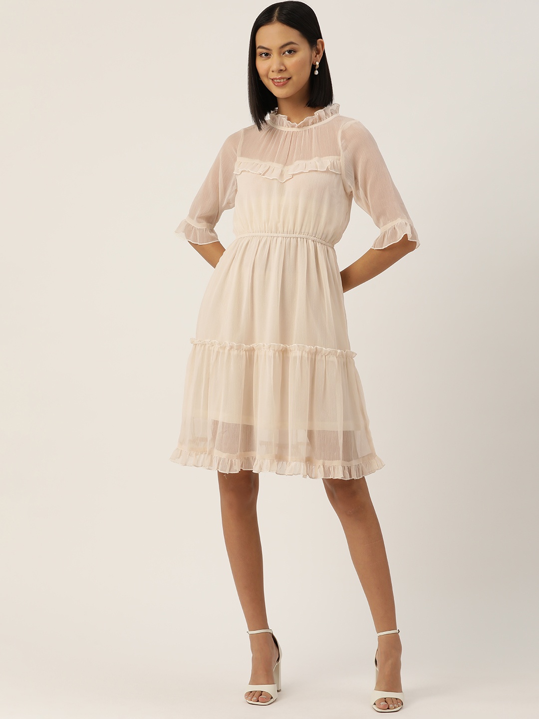 

WISSTLER Cream-Coloured Bell Sleeve Chiffon Fit & Flare Dress