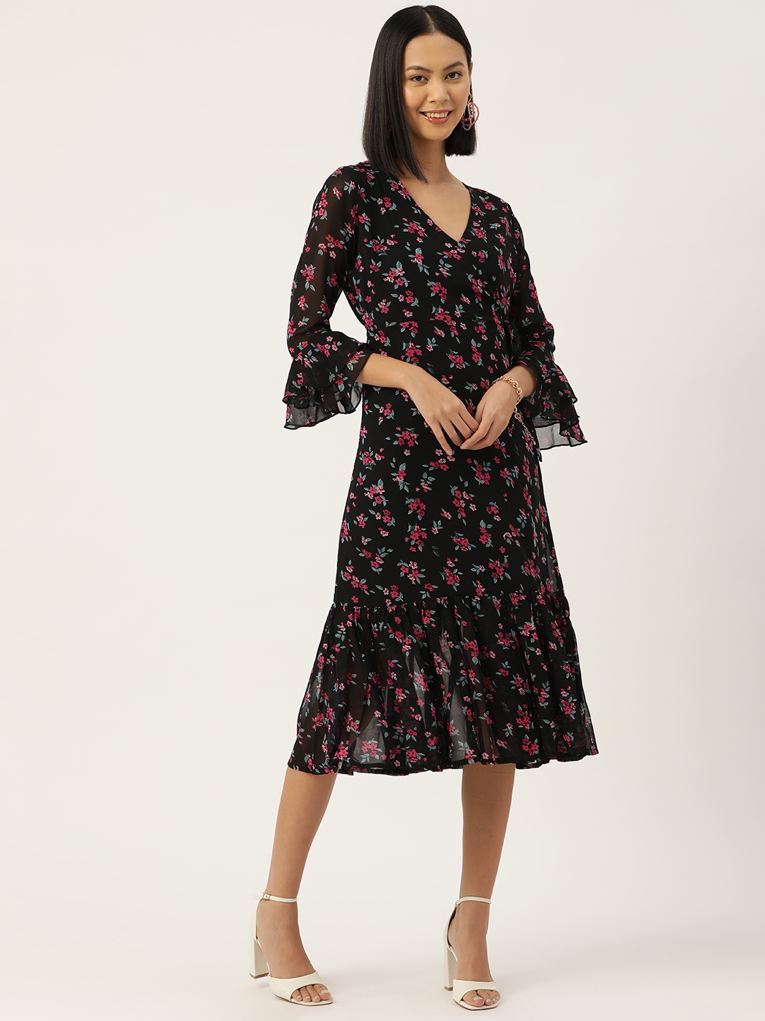 WISSTLER Black & Red Floral Print Bell Sleeve Georgette Dress