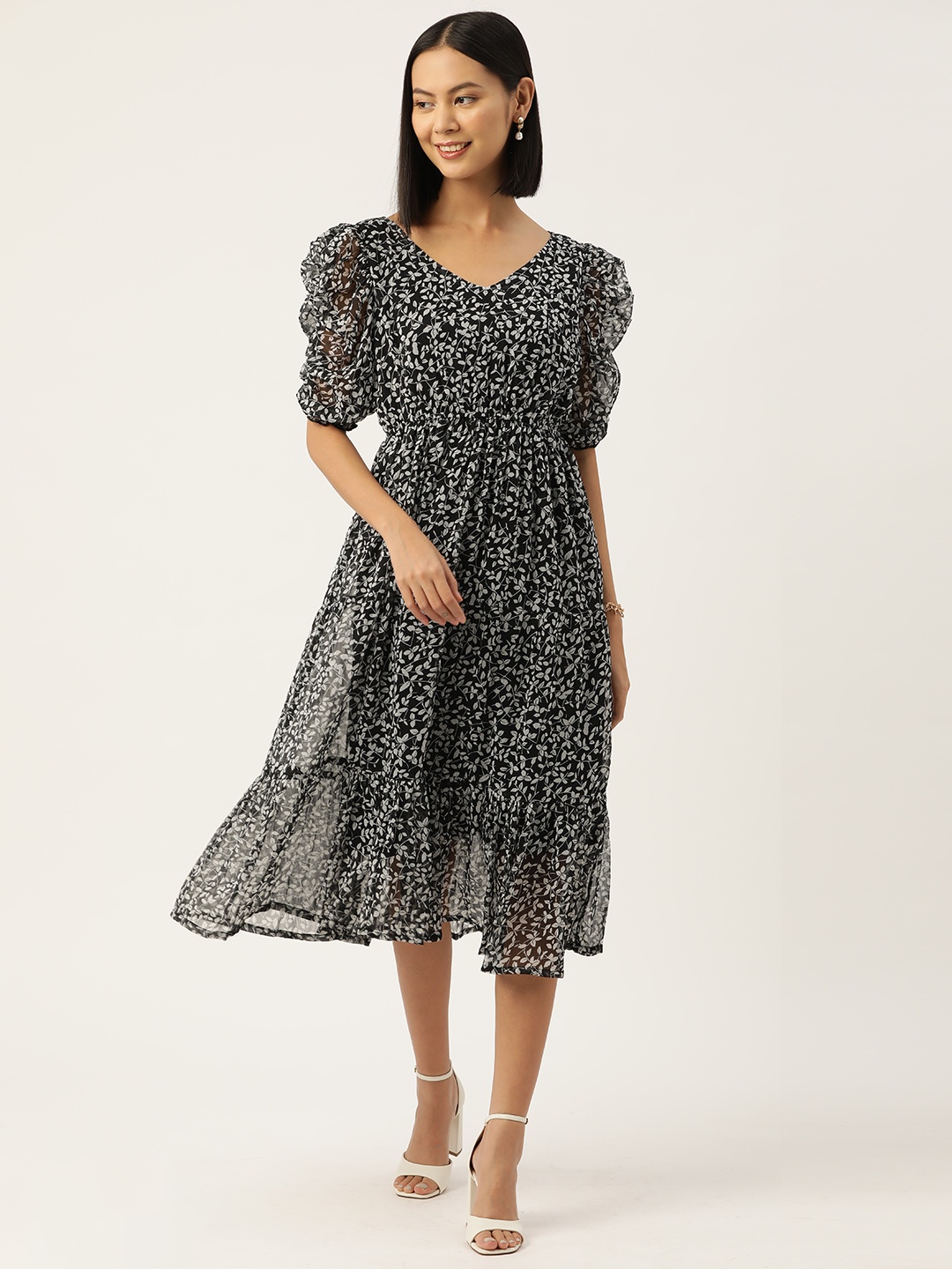 

WISSTLER Black Floral Print Puff Sleeve Chiffon Dress