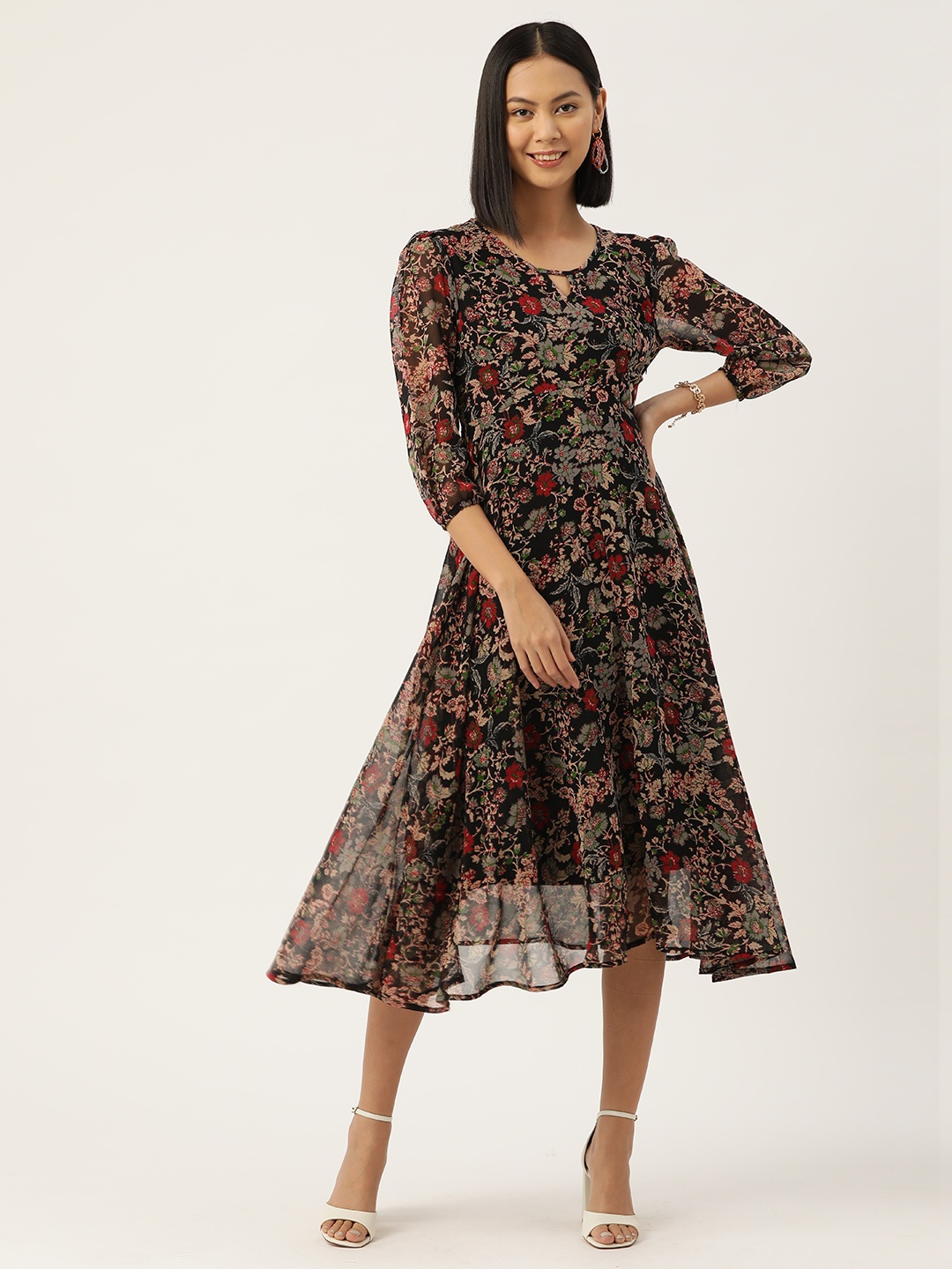 

WISSTLER Multicoloured Floral Print Keyhole Neck Georgette A-Line Dress, Multi