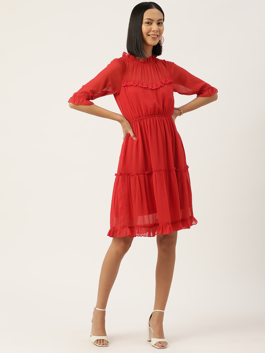 

WISSTLER Red Bell Sleeve Chiffon Fit & Flare Dress