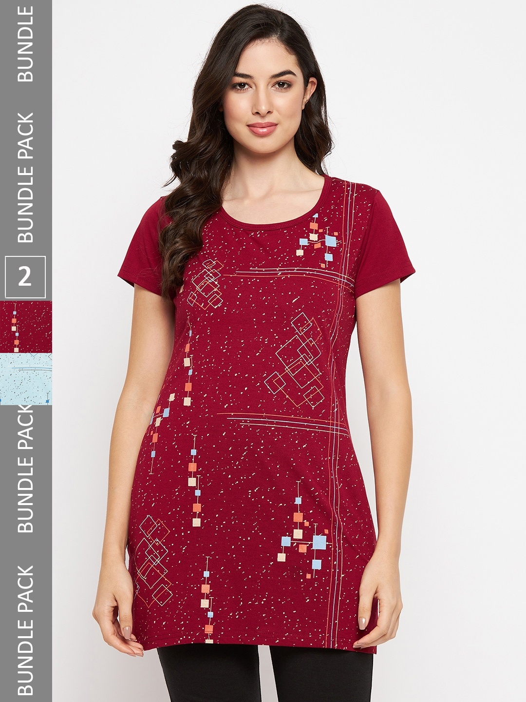 

VERO AMORE Pack Of 2 Longline Printed Lounge T-Shirts, Maroon