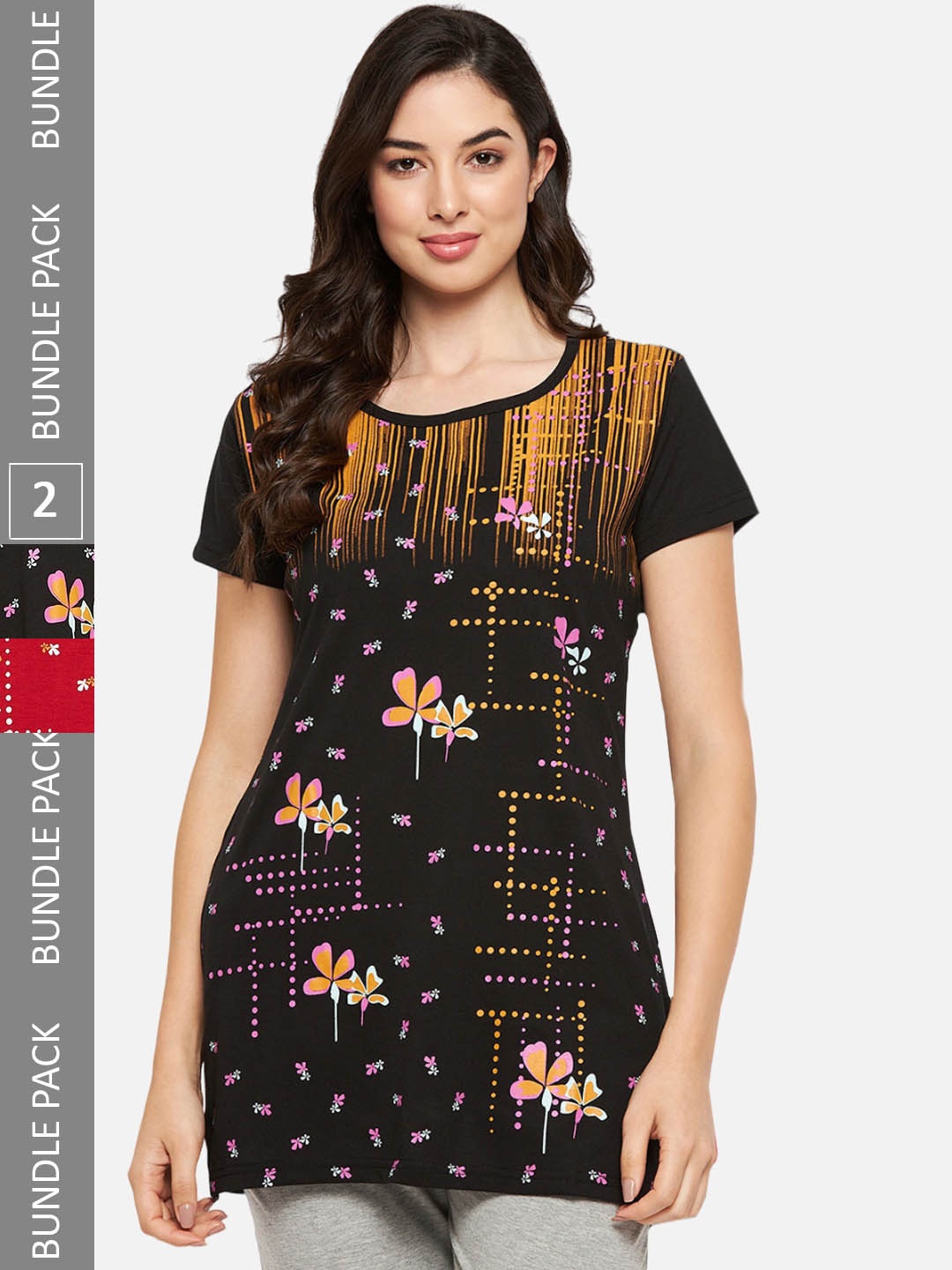 

VERO AMORE Pack Of 2 Longline Printed Lounge T-Shirts, Black