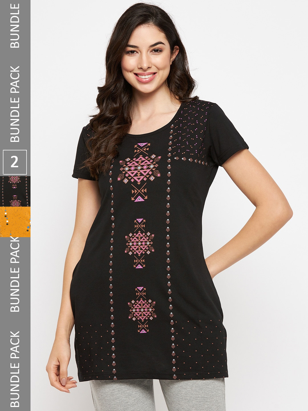 

VERO AMORE Pack Of 2 Longline Printed Lounge T-Shirts, Mustard