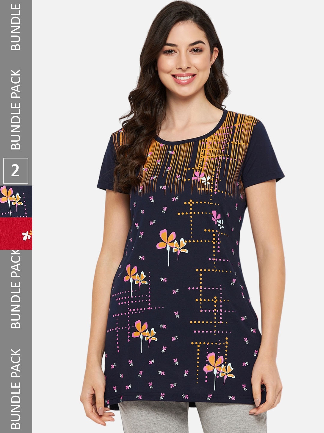 

VERO AMORE Pack Of 2 Longline Printed Lounge T-Shirts, Navy blue
