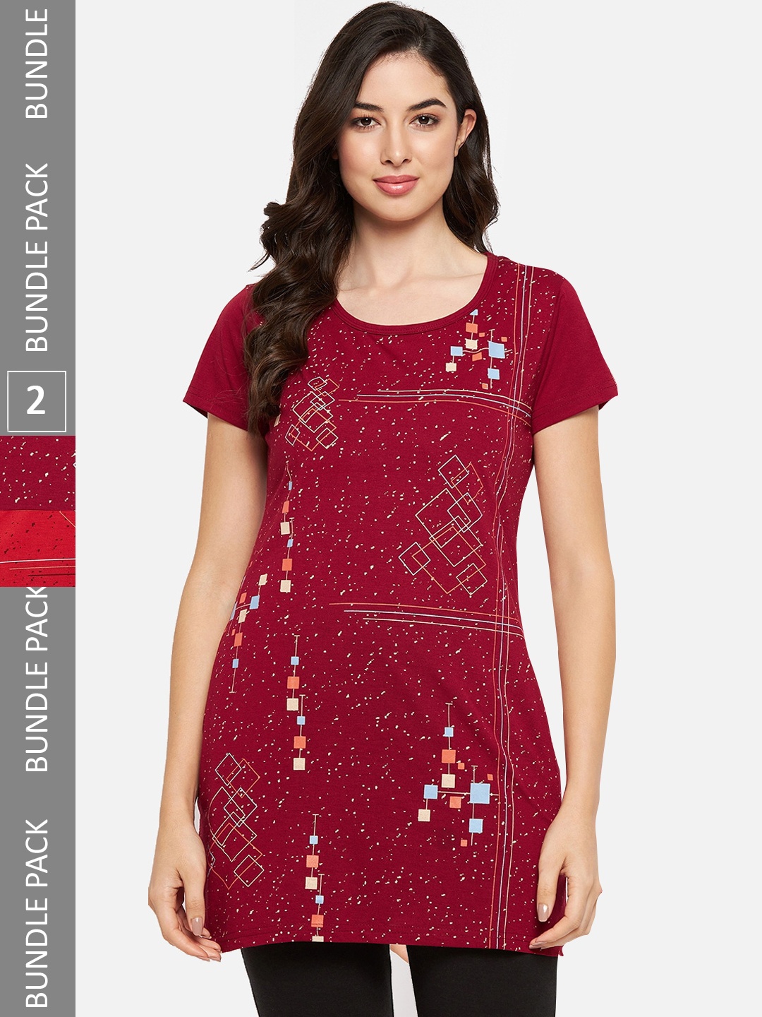 

VERO AMORE Pack Of 2 Longline Printed Lounge T-Shirts, Maroon