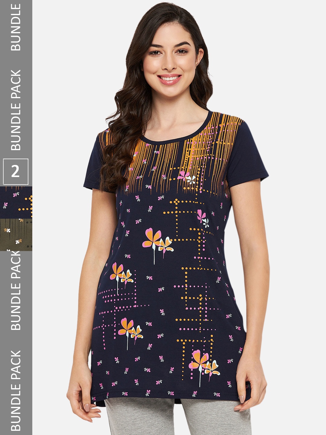 

VERO AMORE Pack Of 2 Longline Printed Lounge T-Shirts, Navy blue