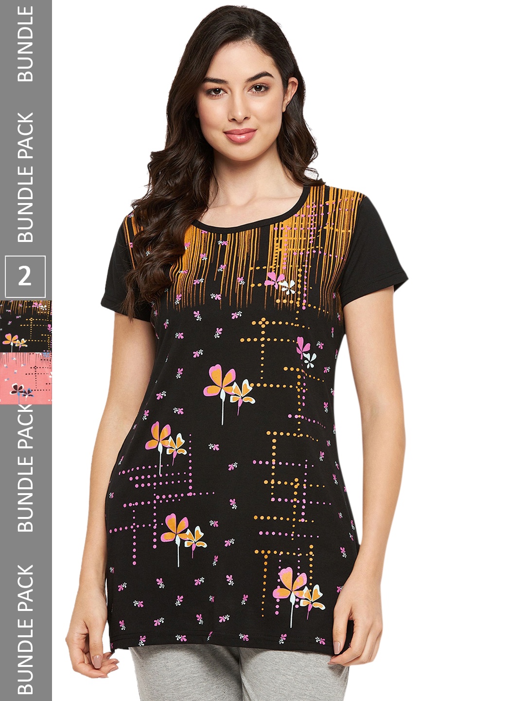 

VERO AMORE Pack Of 2 Longline Printed Lounge T-Shirts, Black