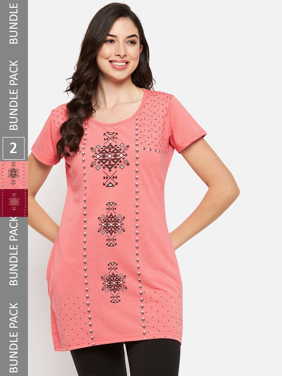 

VERO AMORE Pack Of 2 Longline Printed Lounge T-Shirts, Maroon