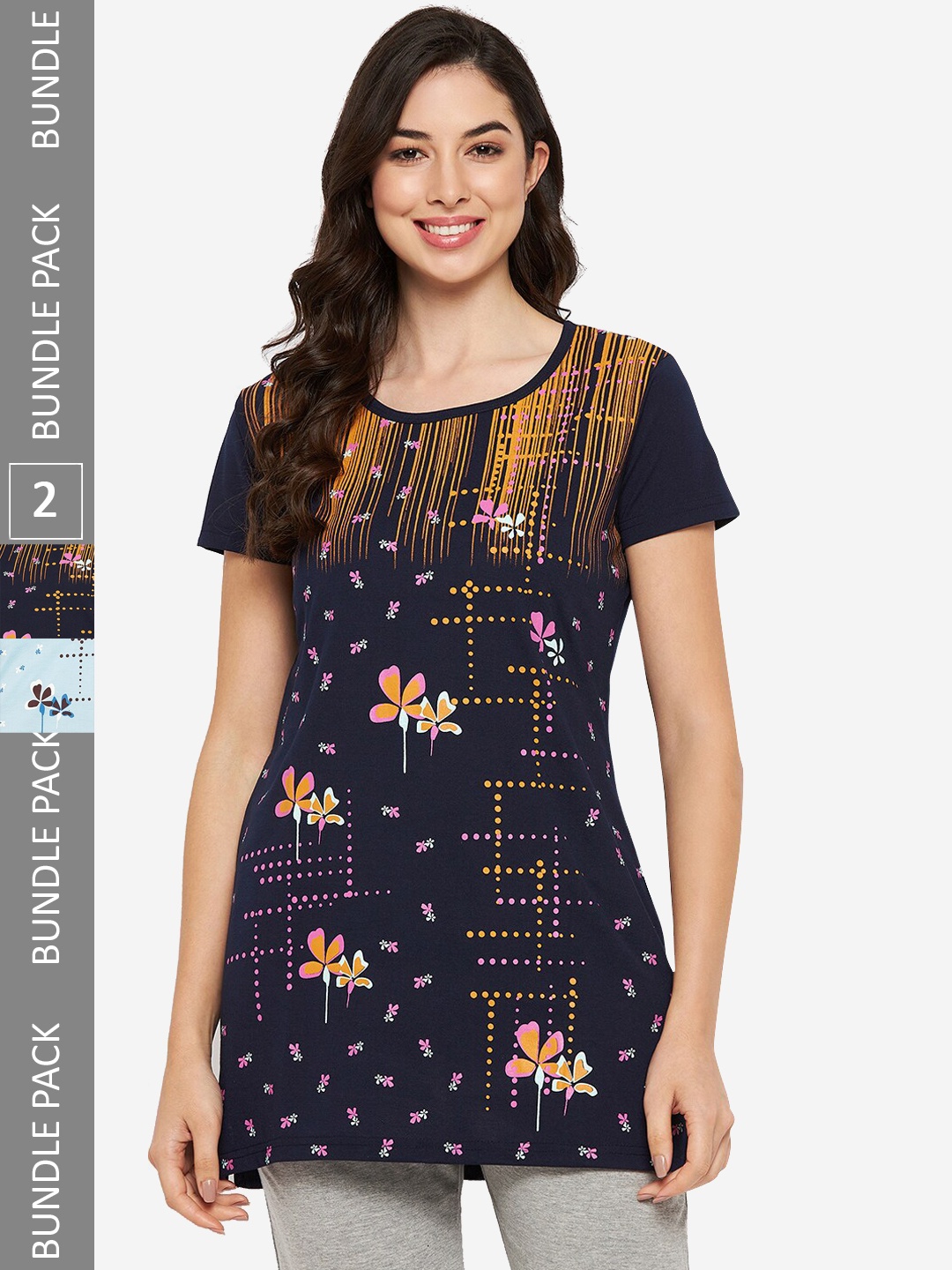 

VERO AMORE Pack Of 2 Longline Printed Lounge T-Shirts, Navy blue