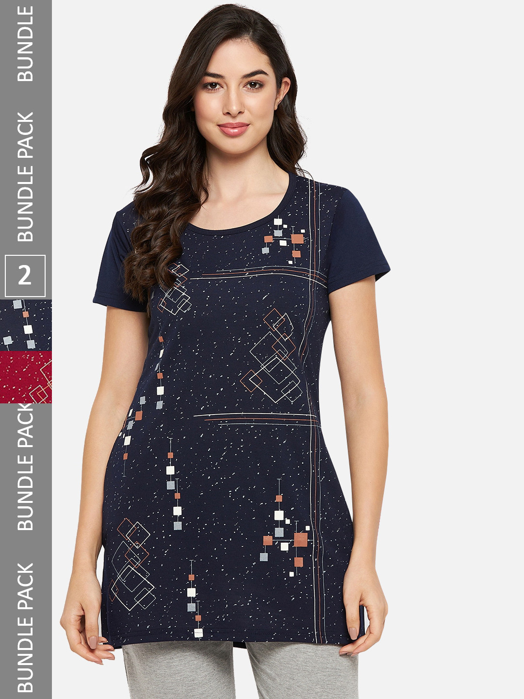 

VERO AMORE Pack Of 2 Longline Printed Lounge T-Shirts, Navy blue