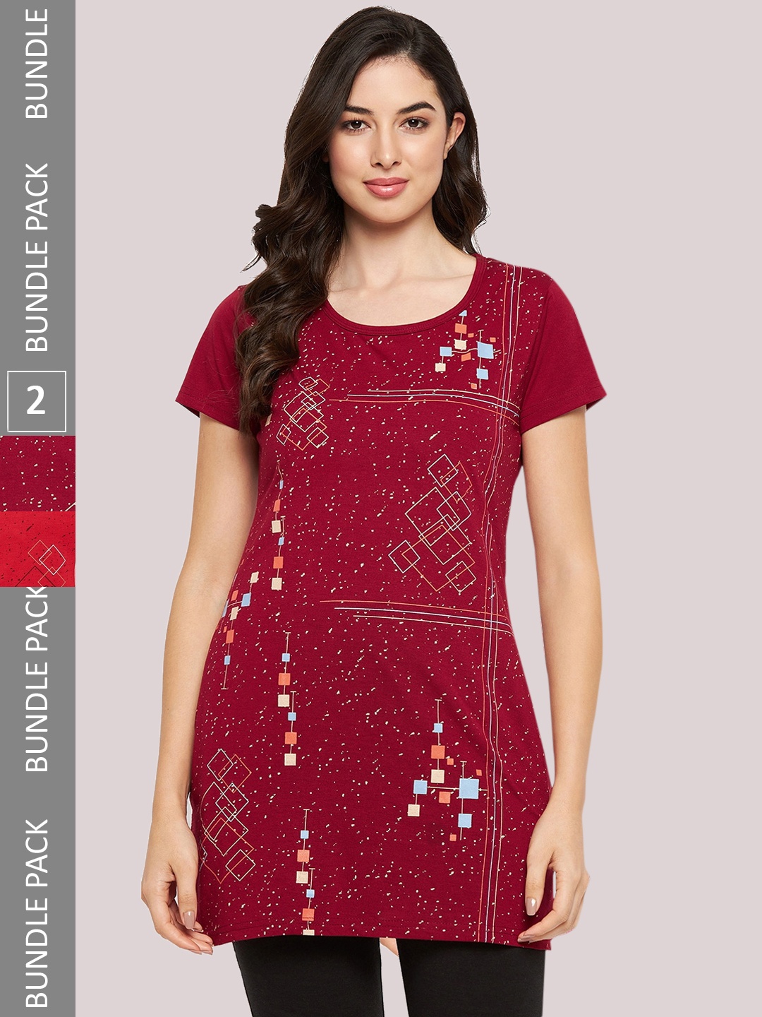 

VERO AMORE Pack Of 2 Longline Printed Lounge T-Shirts, Maroon