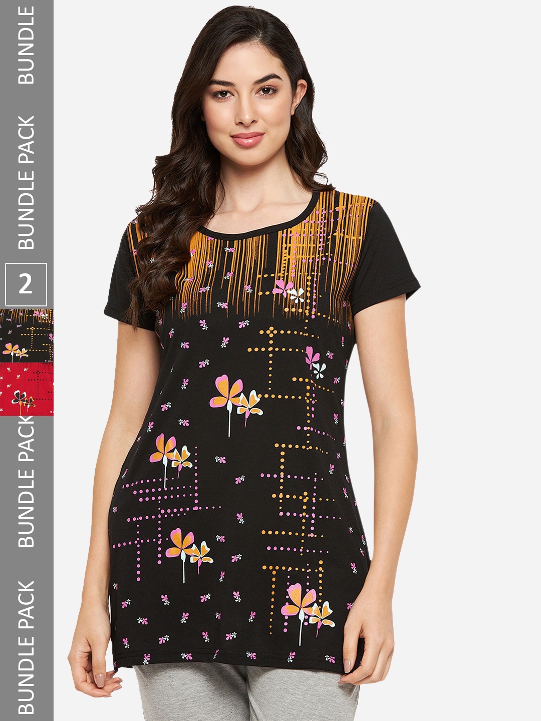 

VERO AMORE Pack Of 2 Longline Printed Lounge T-Shirts, Black