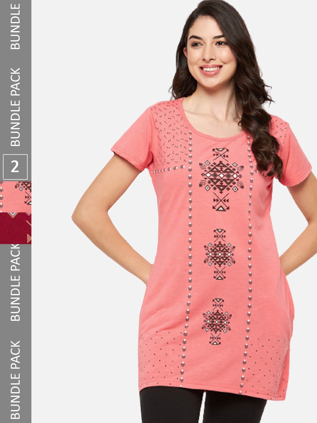 

VERO AMORE Pack Of 2 Longline Printed Lounge T-Shirts, Maroon