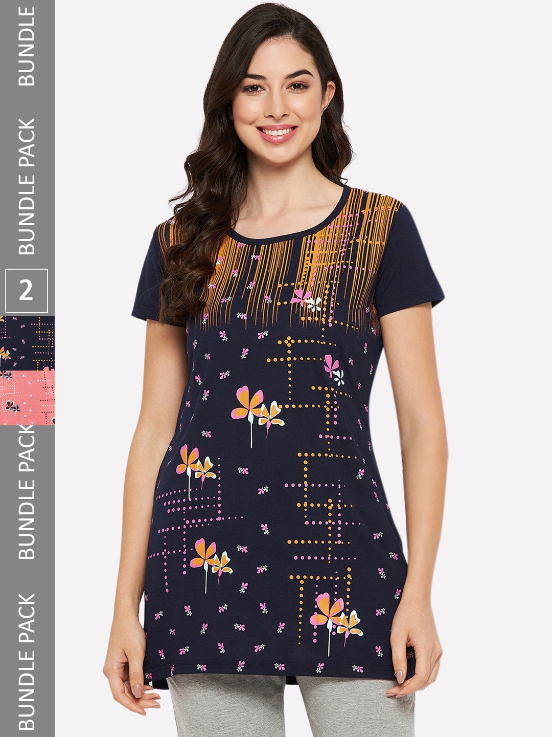 

VERO AMORE Pack Of 2 Longline Printed Lounge T-Shirts, Navy blue