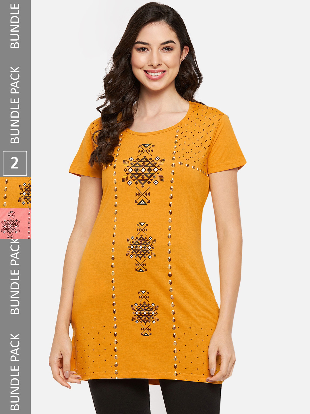 

VERO AMORE Pack Of 2 Longline Printed Lounge T-Shirts, Mustard