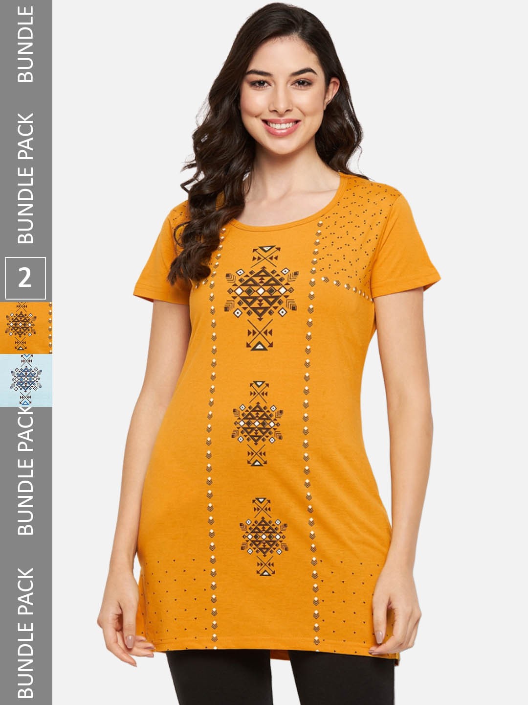 

VERO AMORE Pack Of 2 Longline Printed Lounge T-Shirts, Mustard