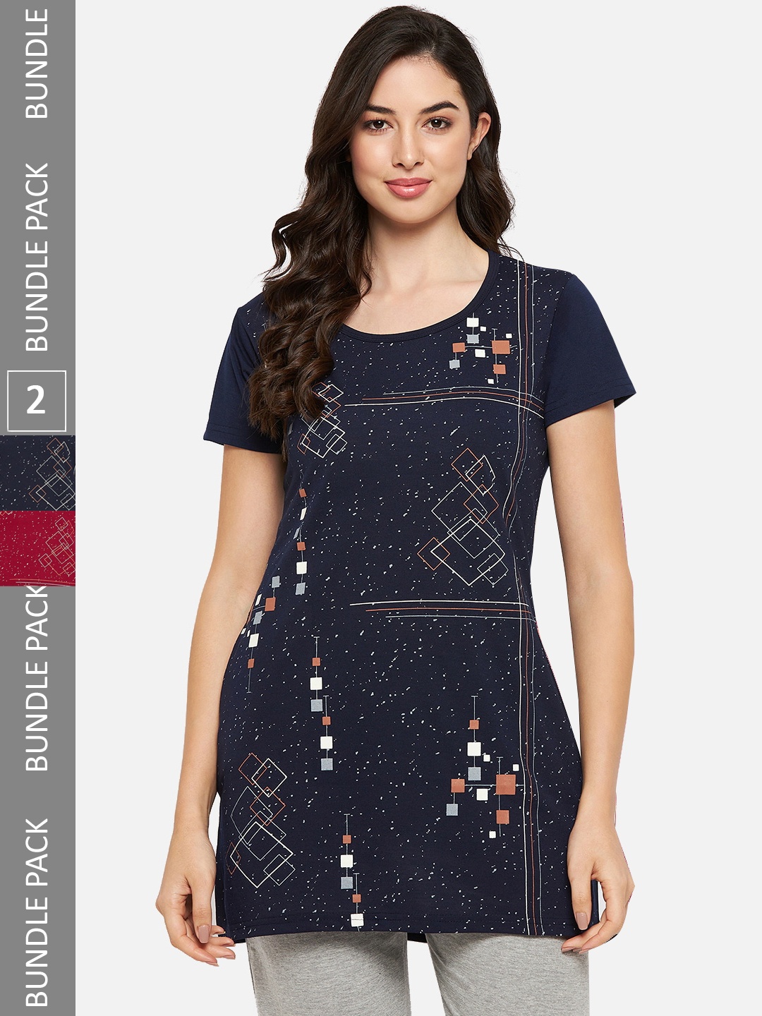 

VERO AMORE Pack Of 2 Longline Printed Lounge T-Shirts, Navy blue