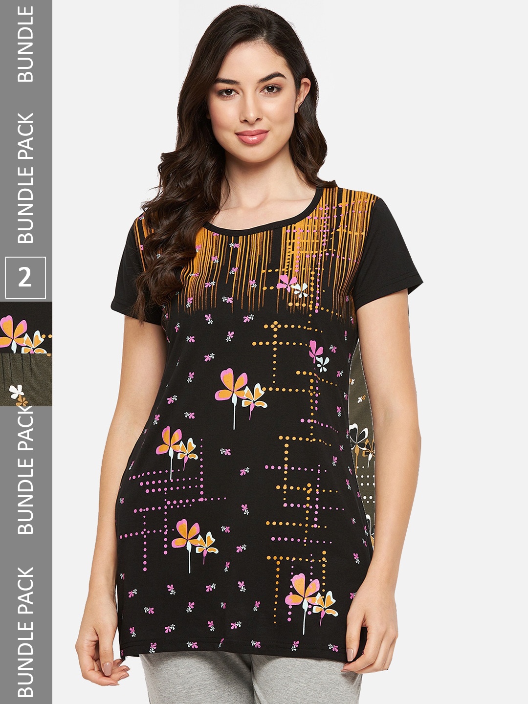 

VERO AMORE Pack Of 2 Longline Printed Lounge T-Shirts, Black