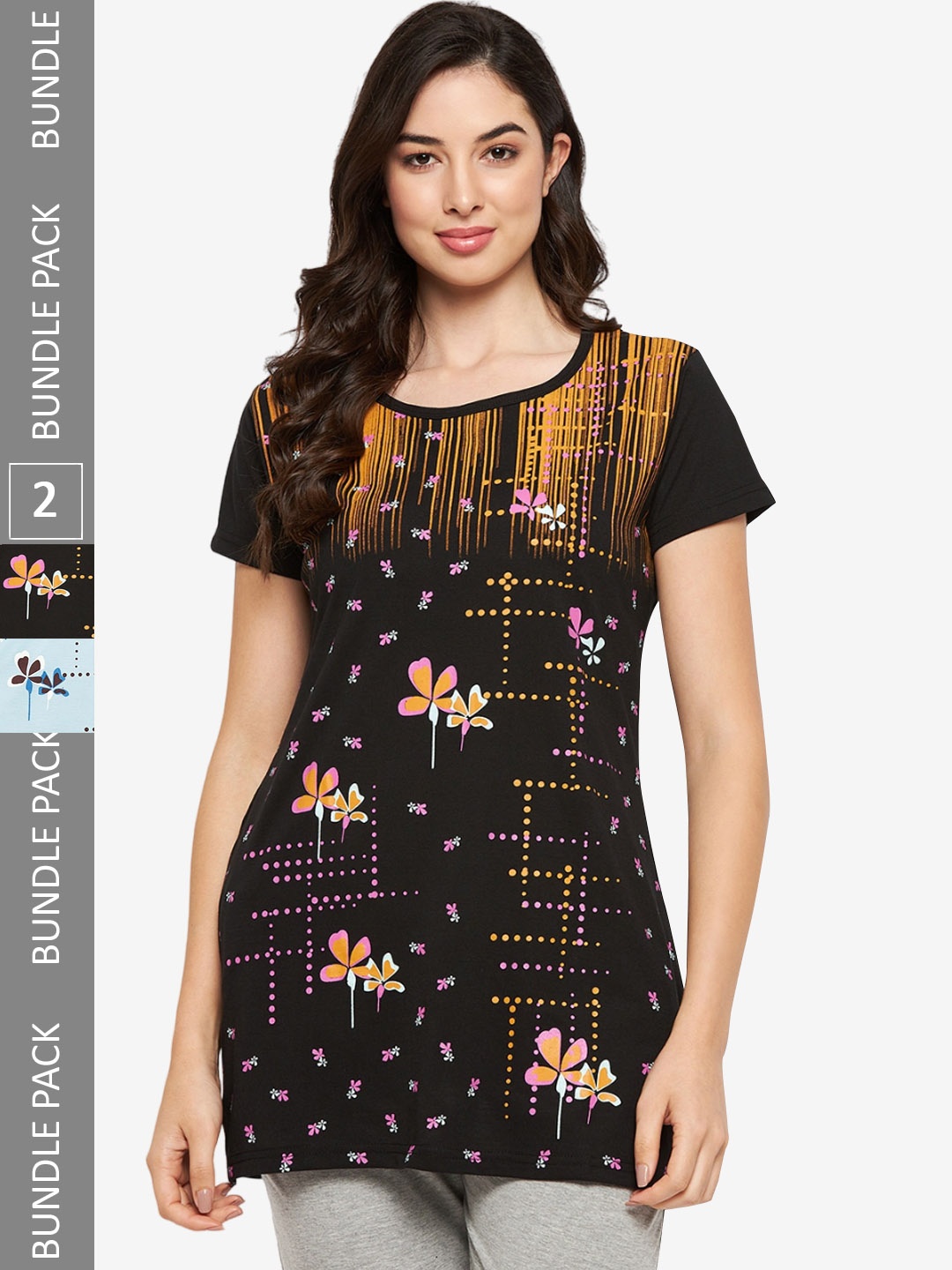 

VERO AMORE Pack Of 2 Longline Printed Lounge T-Shirts, Black