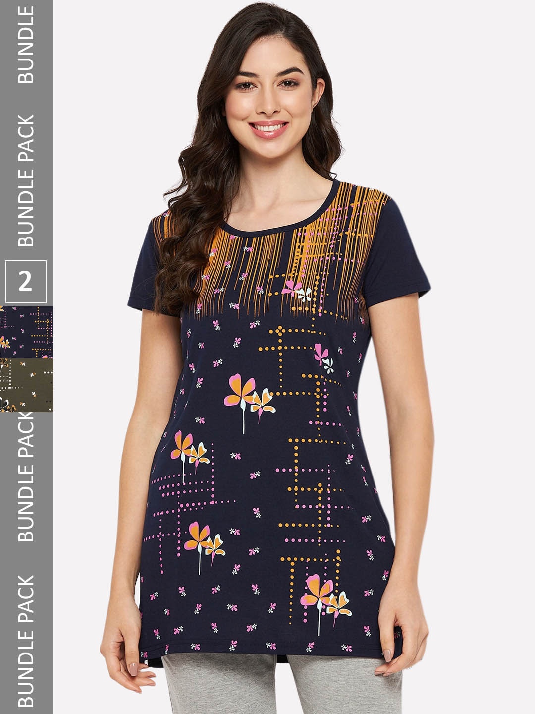 

VERO AMORE Pack Of 2 Longline Printed Lounge T-Shirts, Navy blue