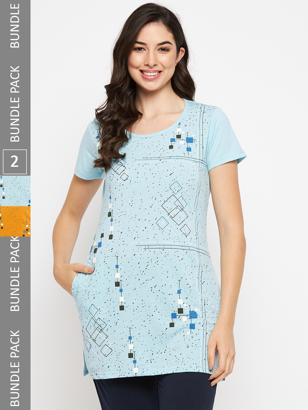 

VERO AMORE Pack Of 2 Longline Printed Lounge T-Shirts, Mustard