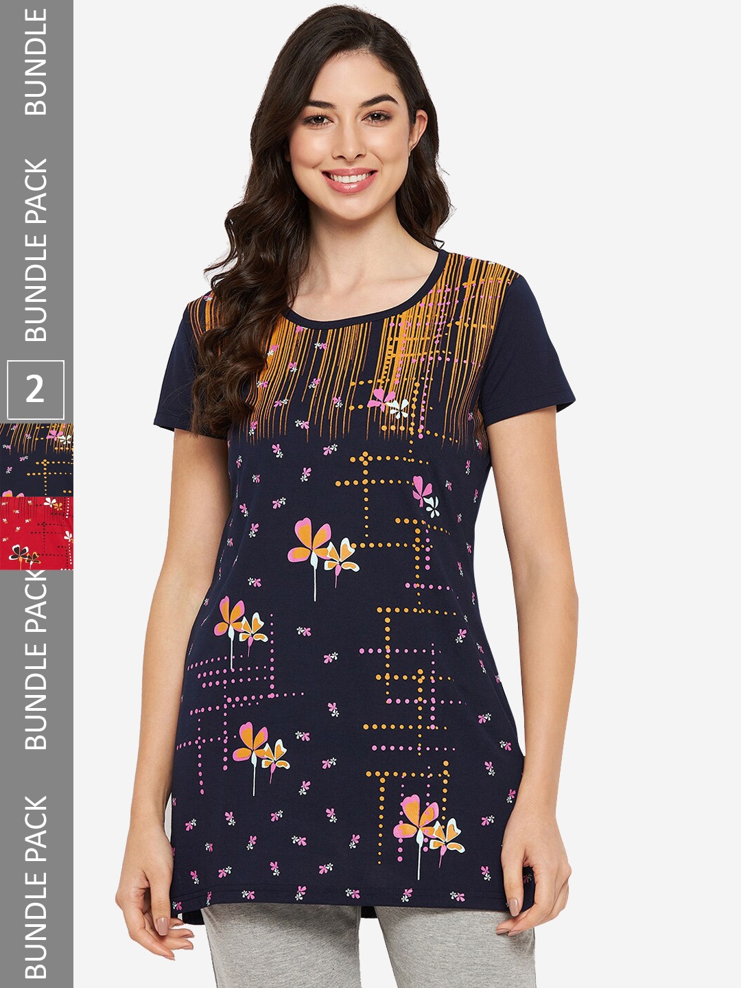 

VERO AMORE Pack Of 2 Longline Printed Lounge T-Shirts, Navy blue