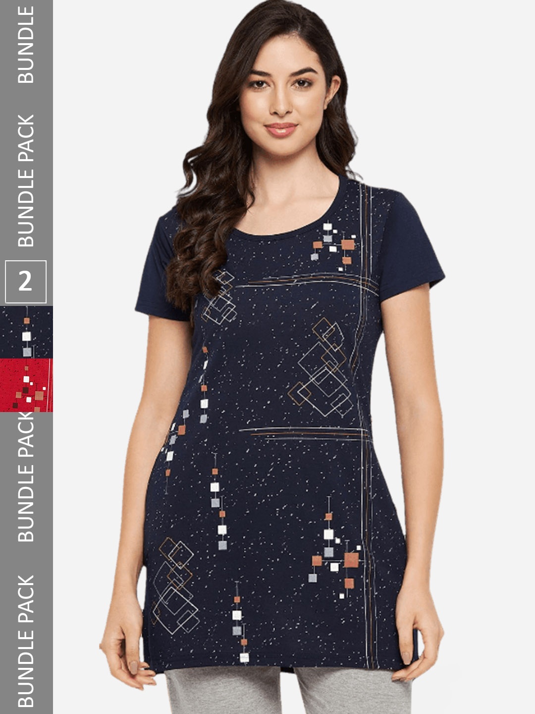 

VERO AMORE Pack Of 2 Printed Longline Lounge T-Shirts, Navy blue