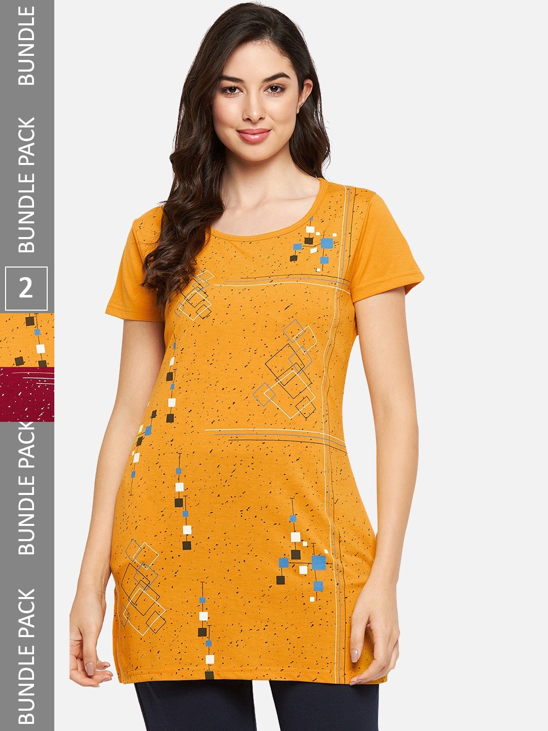 

VERO AMORE Pack Of 2 Printed Longline Lounge T-Shirts, Mustard