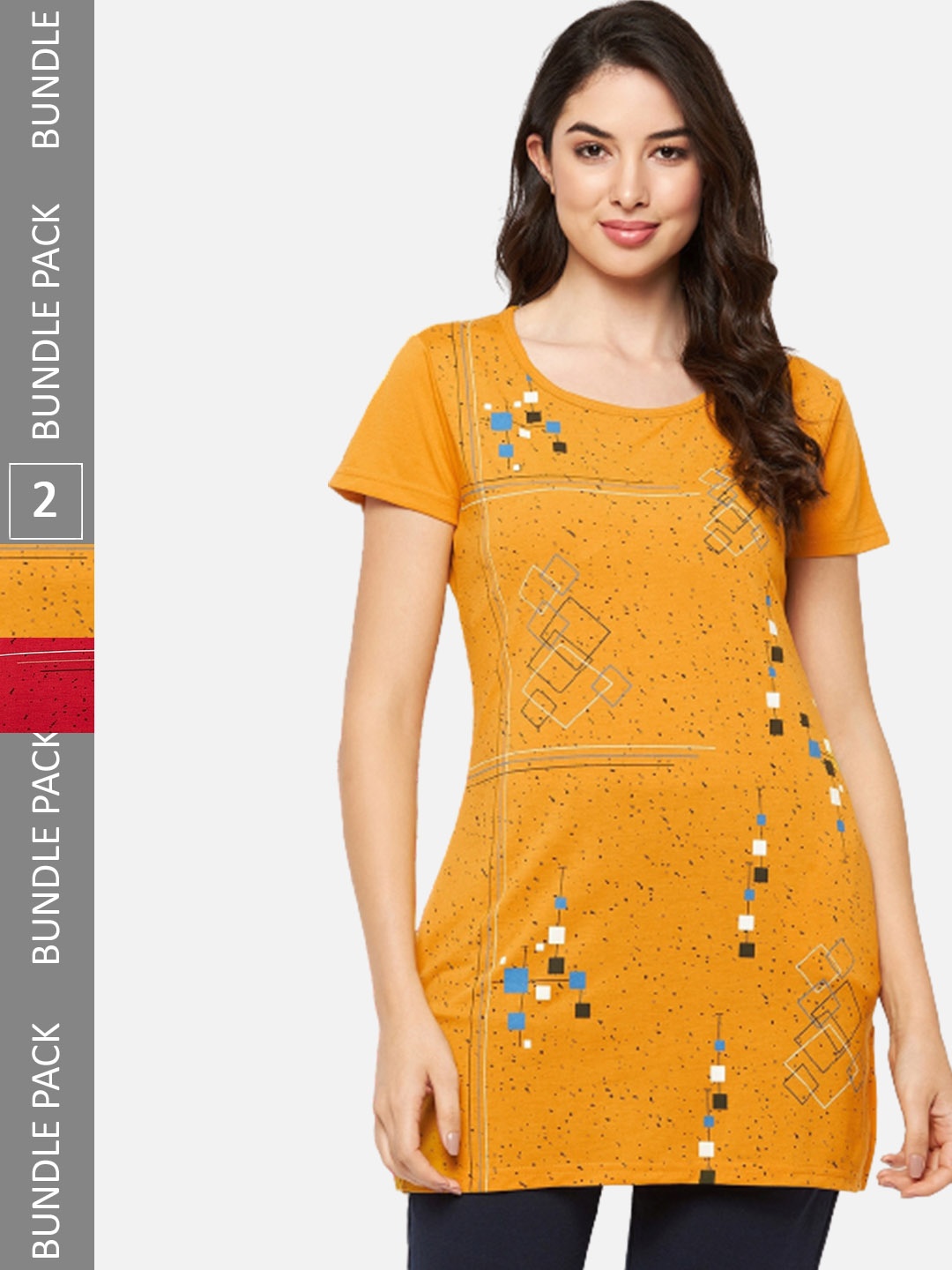 

VERO AMORE Pack Of 2 Printed Longline Lounge T-Shirts, Mustard